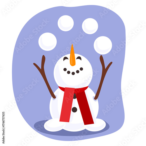 Playful snowman juggling snowballs, wearing a red scarf and smiling. Fun Christmas illustration for greeting cards and decor.