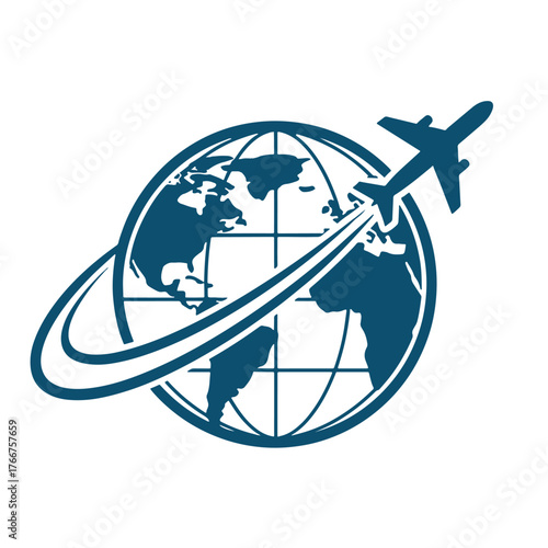 Blue airplane flying around a stylized globe with orbital lines aircraft travel