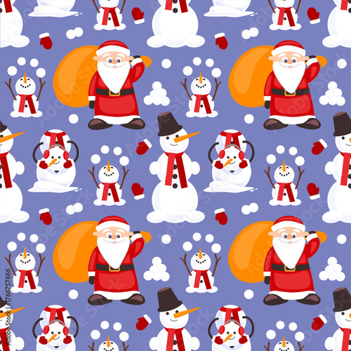 Cheerful Santa Claus and snowman together in a festive seamless pattern. Ideal for holiday packaging, fabric design and children’s decor.