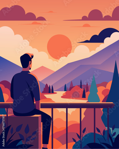 As the day winds down the digital nomad watches the sunset from the balcony of their countryside estate feeling grateful for the peacefulness of their surroundings.. Vector illustration