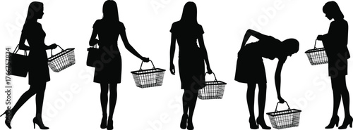 Silhouette women shopping basket poses, retail consumer behavior illustration, female shoppers carrying baskets, fashion store buyers, market purchase activity, black vector figures, commerce design