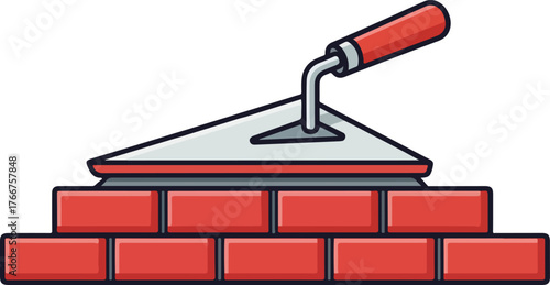 Trowel spreading mortar on bricks in a construction site for building and masonry