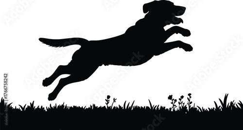 Silhouette dog jumping, playful pet leaping, energetic canine in motion, grass field background, active animal outdoors, freedom agility concept, running puppy illustration, nature scene