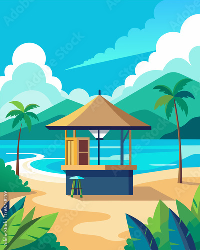 An openair beachfront hut allowing for uninterrupted views of the turquoise waters and lush greenery while working.. Vector illustration