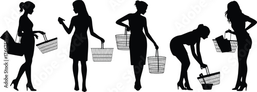 Silhouette women shopping with baskets, retail consumer behavior illustration, female shoppers carrying groceries, fashion heels, marketing concept, commerce lifestyle