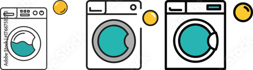 Three washing machines in a row with yellow circles on a black background design