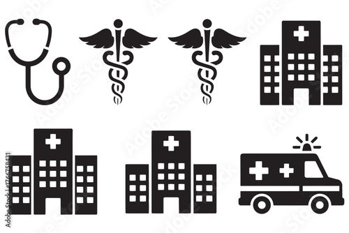 Collection of essential medical and healthcare symbols for health services and emergency care