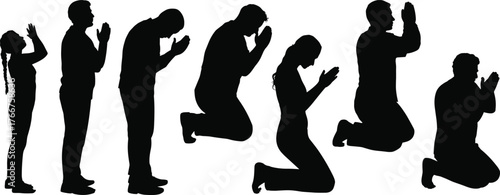 Silhouette people praying, meditation posture, spiritual devotion, kneeling worship, religious faith, prayer positions, cultural spirituality, man woman silhouette, meditation practice