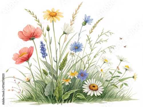 Vibrant watercolor wildflowers and lush green grass create a beautiful, natural meadow scene perfect for spring and summer designs.