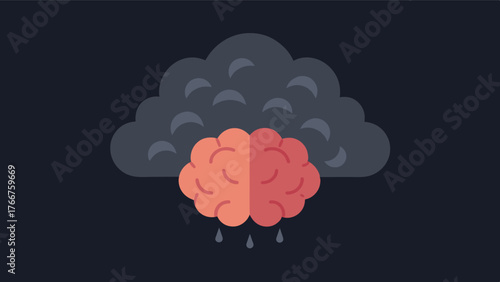 A brain surrounded by a dark cloud representing the negative effects of stress and anxiety on brain health.. Vector illustration