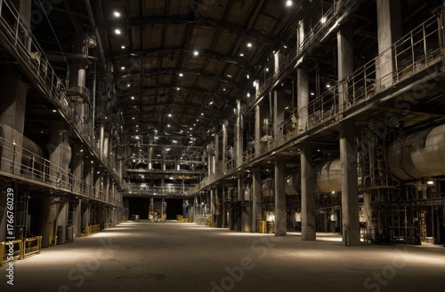 夜間に稼働する工場内部の広大な産業施設と機械