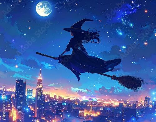 Sorcière moderne survolant la ville – magie et féminité dans un univers urbain