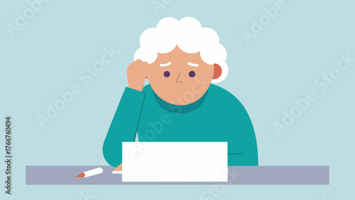A blank page stares back at an elderly person their pen hovering over it as they struggle to remember their own name. Frustrated and scared they try to write it down hoping to jog. Vector illustration
