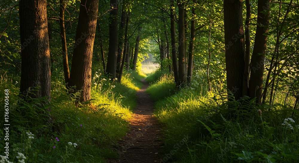 Fototapeta premium Sunlit Path Through a Verdant Forest Tunnel.
