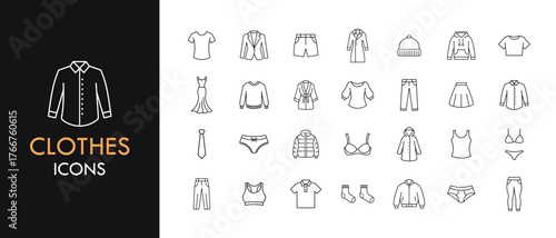 Clothes line icon set, outline web icon collection containing Shirt, Dress, Underwear and more, vector illustration in line style.