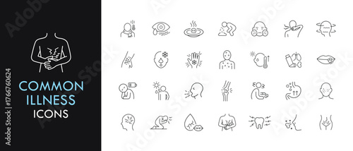 Common illness line icon set, outline web icon collection containing Fever, Cough, Headache and more, vector illustration in line style