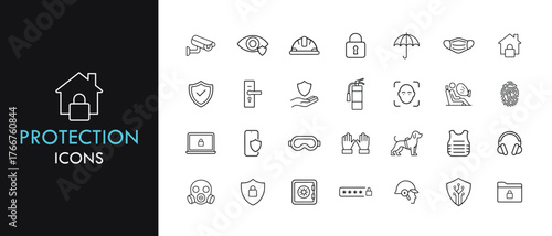 Protection line icon set, outline web icon collection containing Shield, Lock, Mask and more, vector illustration in line style.