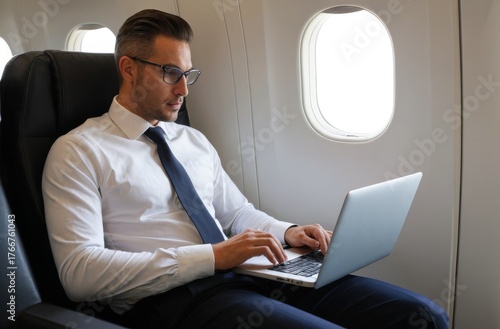 飛行機のビジネスクラスでノートパソコンを使うビジネスマン