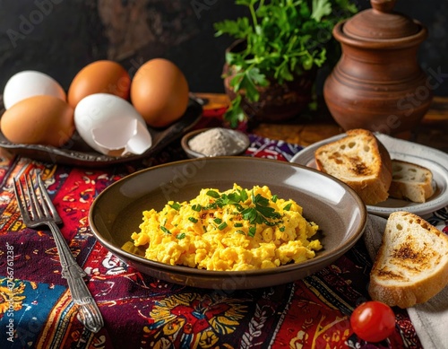 Delicious Scrambled Eggs with Toasted Bread and Fresh Parsley Garnishing on a Rustic Table Setting