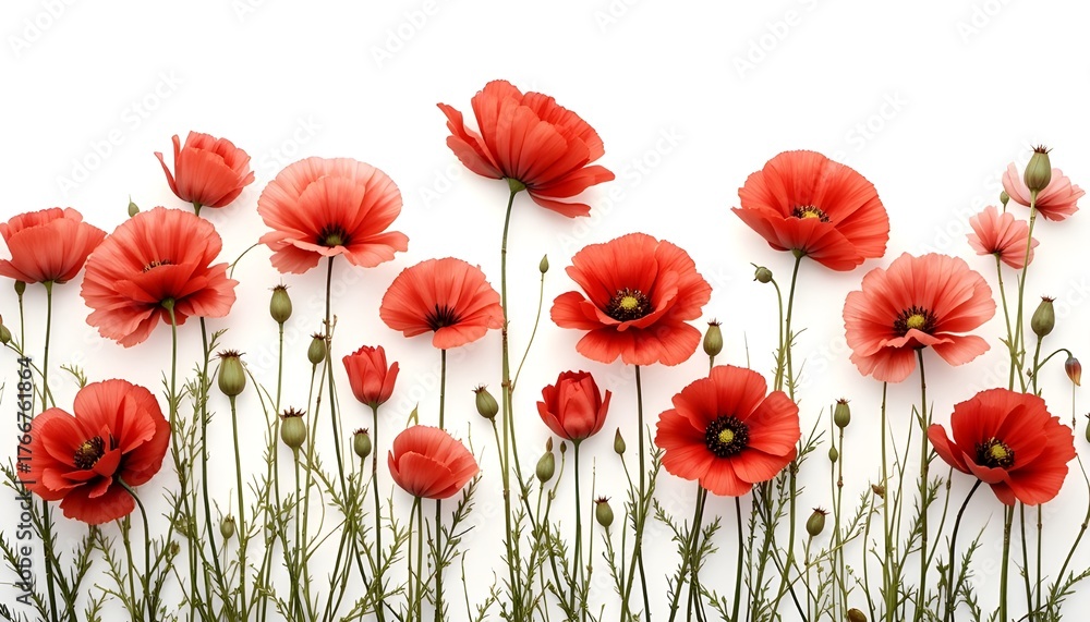 Fototapeta premium Red poppy flowers isolated on white background symbolizing remembrance, beauty, and peace, minimal floral arrangement perfect for spring design, botanical art, or natural background concept