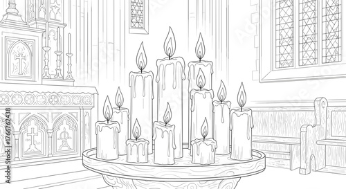 Burning candles in church interior line art illustration