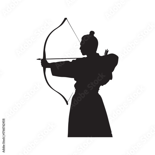  Silhouette of a man aiming bow and arrow against clean white background.