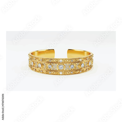 Elegant gold bracelet adorned with intricate designs and sparkling diamonds isolated on white background, showcasing its luxurious and timeless appeal