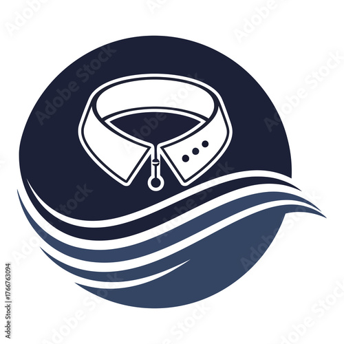 Elegant logo design featuring a stylish shirt collar with a zipper pull, set against a dark blue circle and flowing wave pattern isolated on white background