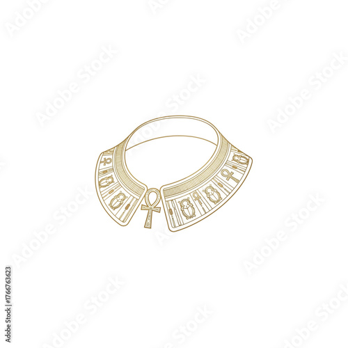 Golden egyptian collar necklace with hieroglyphs and ankh symbol, isolated on white background the necklace is a traditional egyptian jewelry