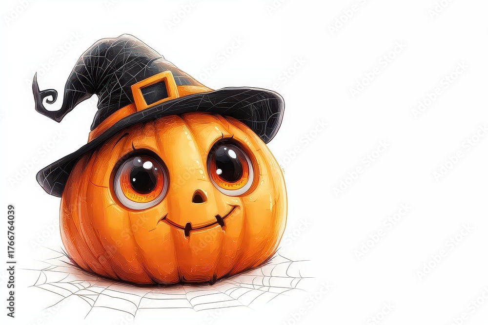 Fototapeta premium Jack-o'-lantern pumpkin with a witch's hat on a white background.