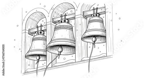 Church bells in snowy tower black and white line illustration