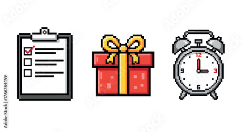 Pixel art icons: checklist, gift, and clock with retro vibes
