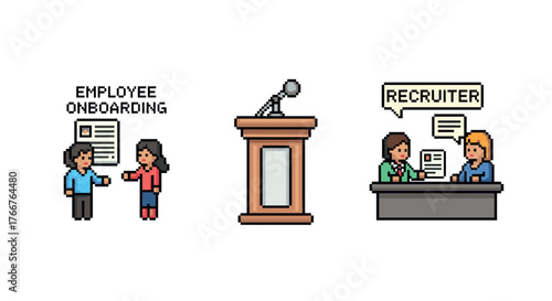 Pixel art business scenes: onboarding, presentations, and recruitment