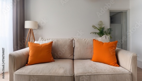minimalist interior design of modern living room beige fabric sofa with bright orange pillows