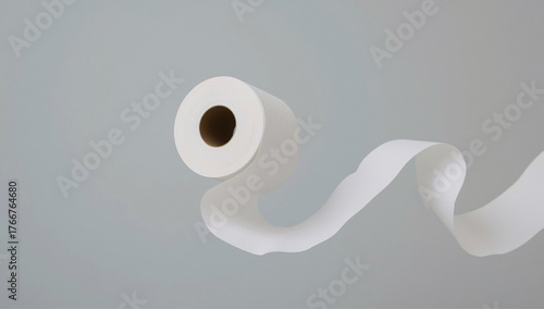 A single roll of white toilet paper floating against a soft, light gray background