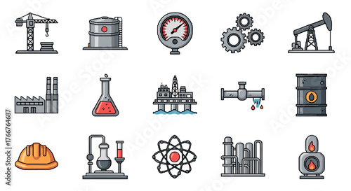 Industrial icons collection featuring oil, machinery, and production elements in line art style