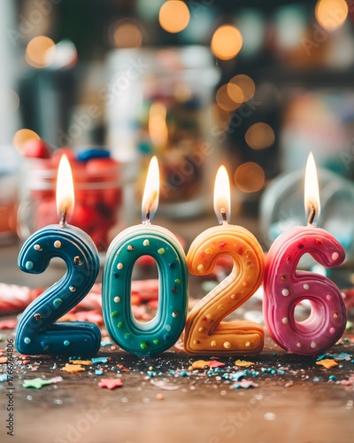 Colorful Number Candles Representing Year 2026 on Wooden Surface with Blurry Festive Background