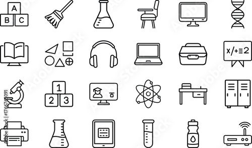 Education and Science Line Icons Set – School, STEM, Laboratory, E-learning, and Study Equipment Outline Vector Pack for Teachers, Students, Online Courses, and Academic Infographics Design