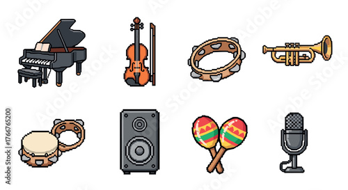 Pixel art musical instruments collection: piano, violin, tambourine, trumpet, maracas, speaker, microphone