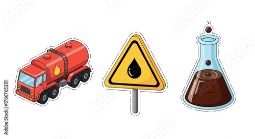 Cartoon oil truck warning sign and laboratory flask sticker set
