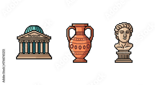 Pixel art museum icons featuring amphora and bust