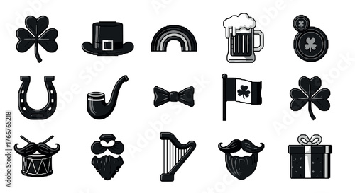 Monochrome irish icons set: shamrock, leprechaun hat, rainbow, beer mug, gift, pipe, flag