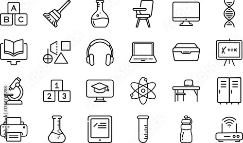 Education and Science Line Icons Set – School, STEM, Laboratory, E-learning, and Study Equipment Outline Vector Pack for Teachers, Students, Online Courses, and Academic Infographics Design