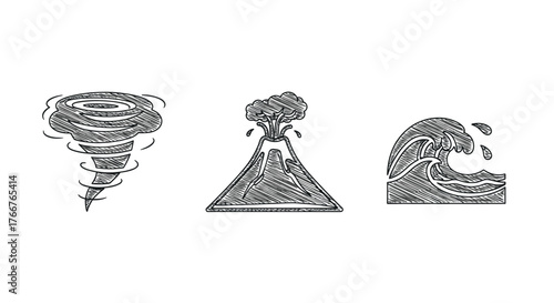 Sketch style natural disasters: tornado, volcano, tsunami icons