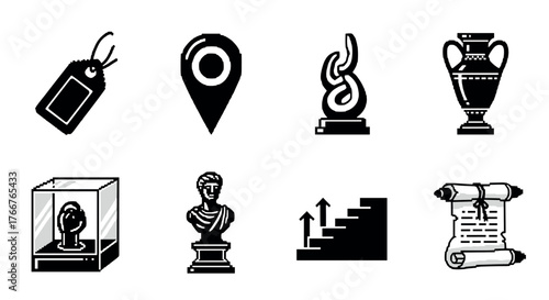 Minimalist pixel icons of artifacts and symbols in black and white