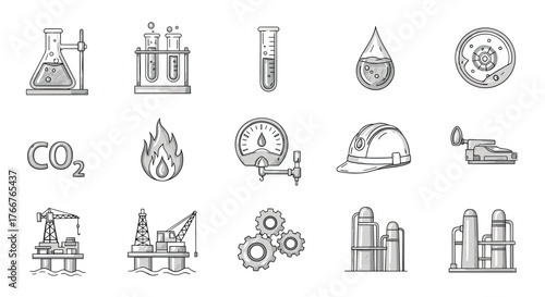 Hand drawn industrial icons: oil, gas, safety, and technology elements