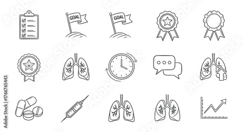 Linear icons: goal achievement, health symbols, and time management