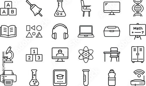 Education and Science Line Icons Set – School, STEM, Laboratory, E-learning, and Study Equipment Outline Vector Pack for Teachers, Students, Online Courses, and Academic Infographics Design