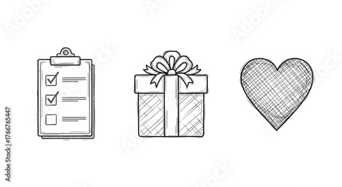 Hand drawn icons: checklist, gift box, heart sketch art