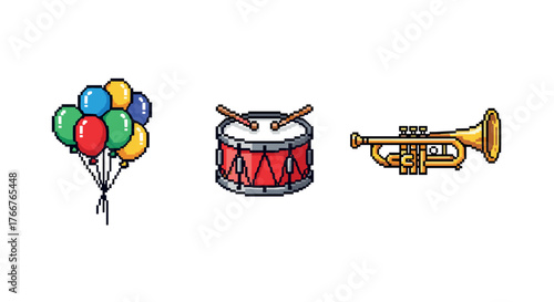 Colorful pixel art of balloons, drum, and trumpet on white background